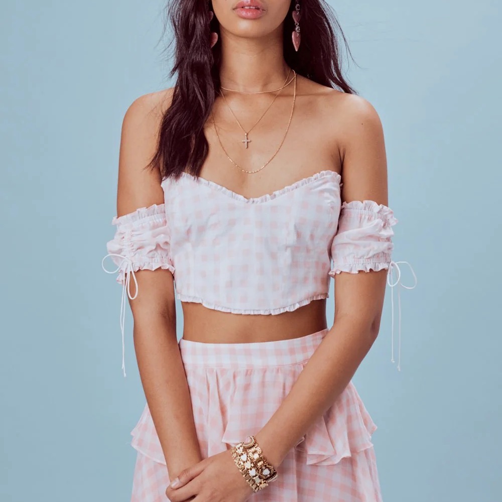For love and lemons Dixie Pink and white Gingham plaid Off-Shoulder Crop Top